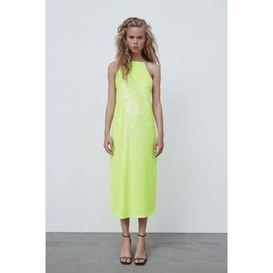 NWT ZARA Fluorescent Lime Sequin Midi Dress